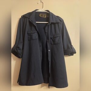 Womens Small Navy Blue Button-Up Shirt with Roll-Up Sleeves By Diane Gilman